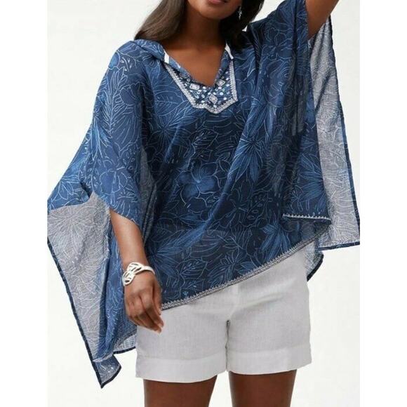 Tommy Bahama Gauze Kaftan MED Floral Tunic Top Embroider CoverUp PONCHO $175 - Picture 3 of 16